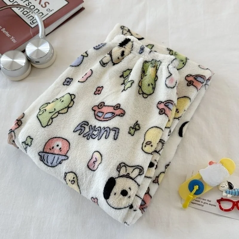 Winter Cartoon Coral Fleece Warm Women's Sleeping Pants, Comfortable and Cute Girls' Home Pants, Loose and Soft Plush Pants