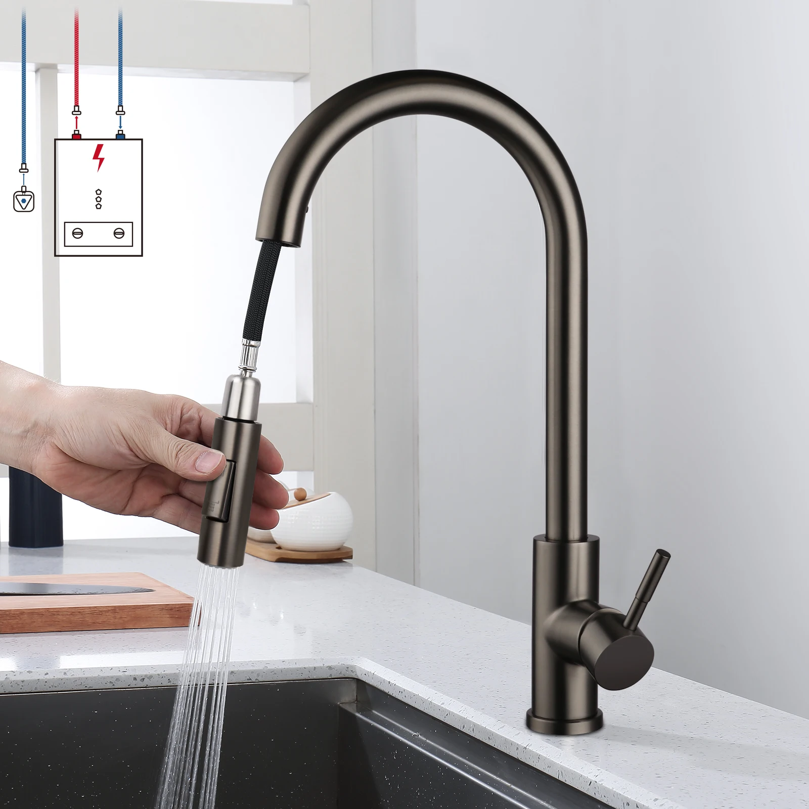 Rubinetto a Bassa Pressione 360 ° Rubinetti Girevoli Estraibili in Acciaio Inox 304 con Temperatura dell'Acqua Regolabile per Cucina