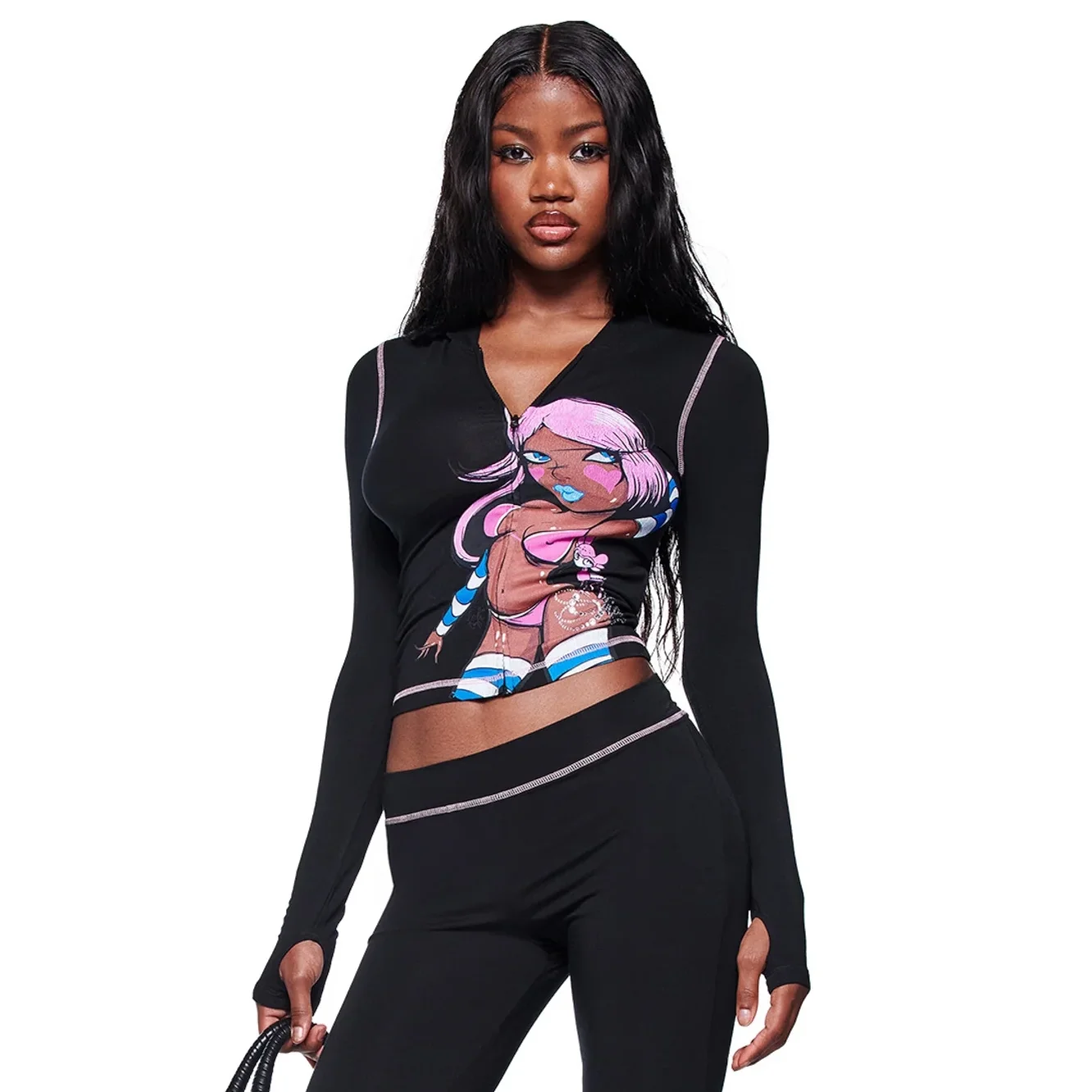 

Millennial Girl Эластичный принт на молнии с капюшоном, топ и длинные брюки, комплект Street Sle, прямые брюки со средней талией, длинные брюки