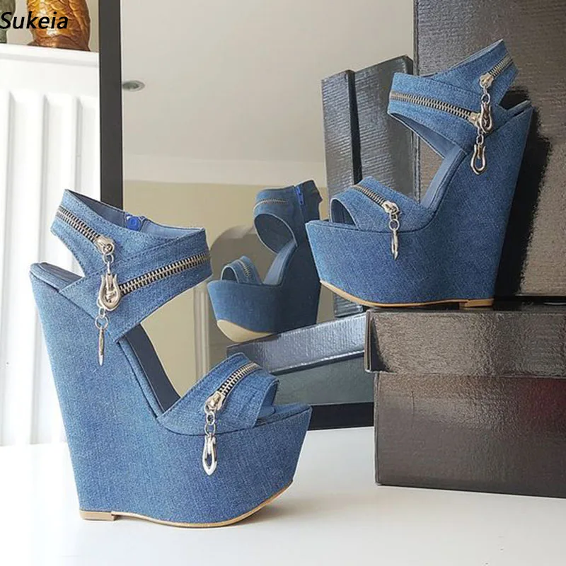 Sukeia Women Platform Sandals Denim Zipper Wedges High Heels Round Toe Pretty Blue Party Shoes Ladies US Plus Size 5-15