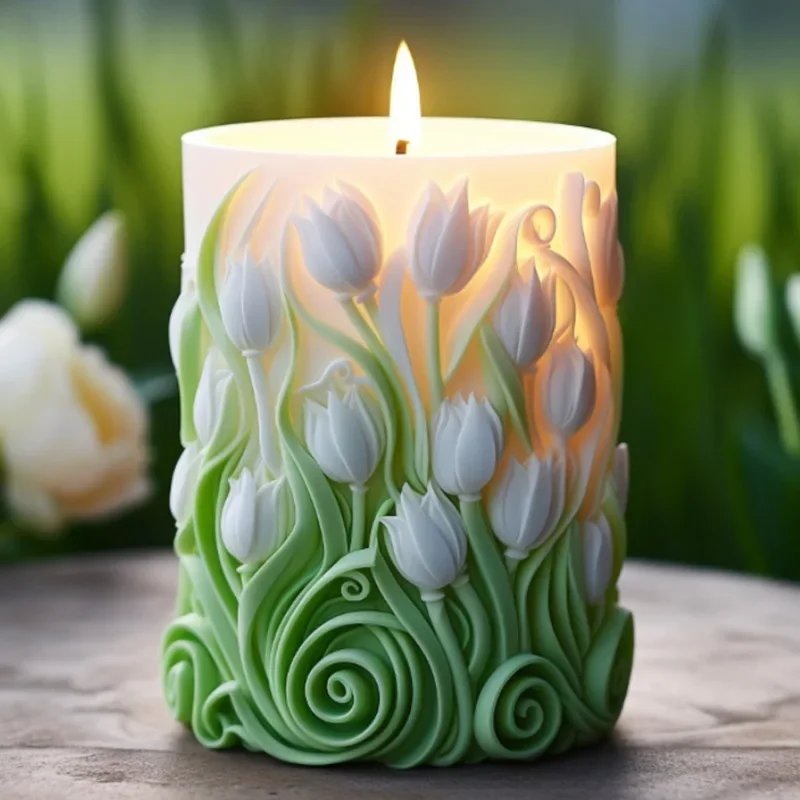 DIY Blossoming Flower Cylindrical Candle Silicone Mold Sunflower Cylindrical Candle Mold Carving Pattern Wave Candle Mold