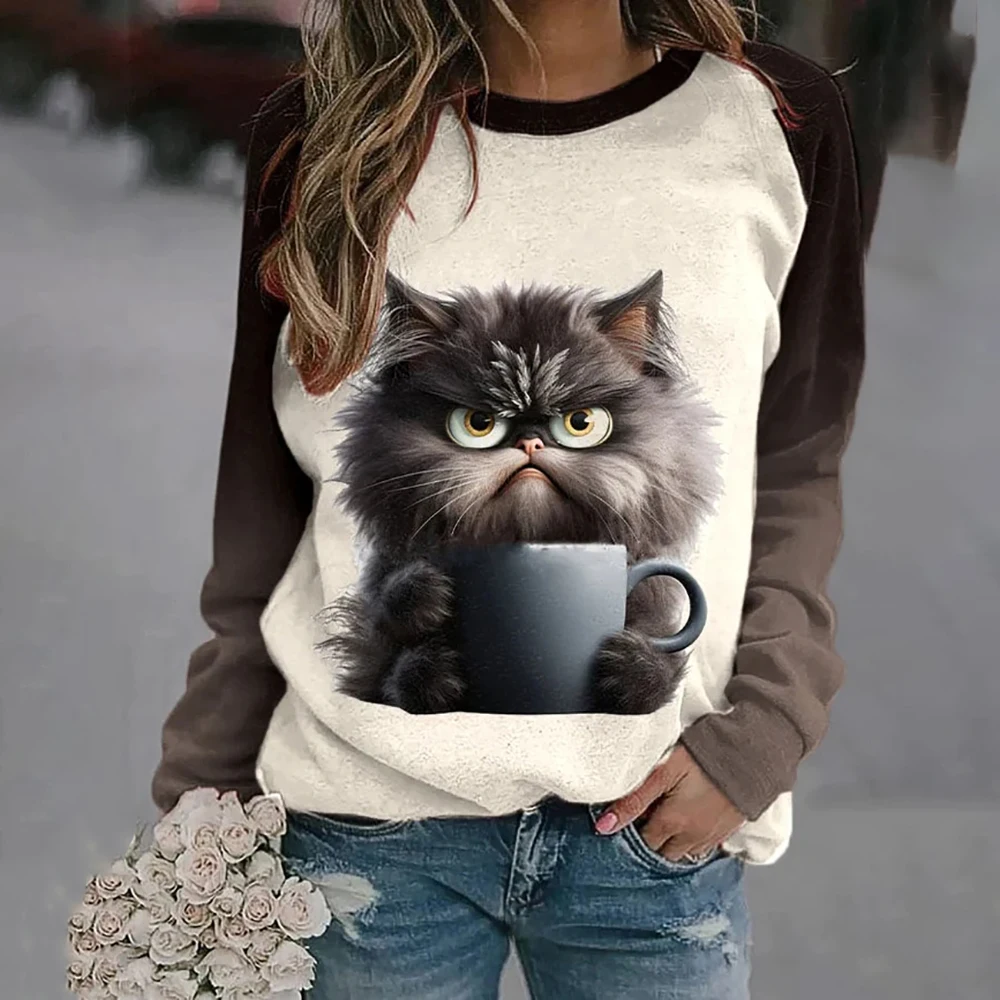 Women O-Neck Tops Funny Cute Cat Art Print Casual Cotton Hoodie Sweatshirt Kawaii Animals Pattern Pullover Female Clothing