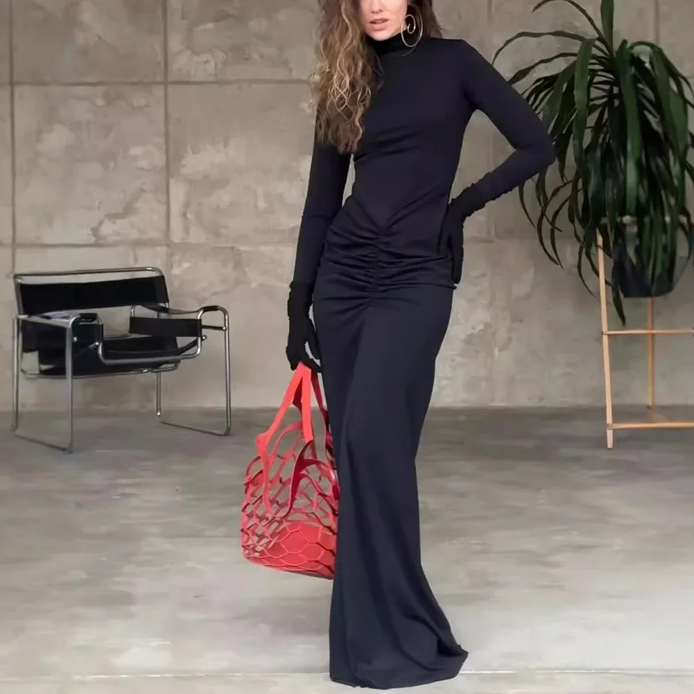 Slim Fit Dress Women Maxi Dress Evening Event Grey Draped Waisted Frock Vacation Spring Autumn Dress Comfortable Style