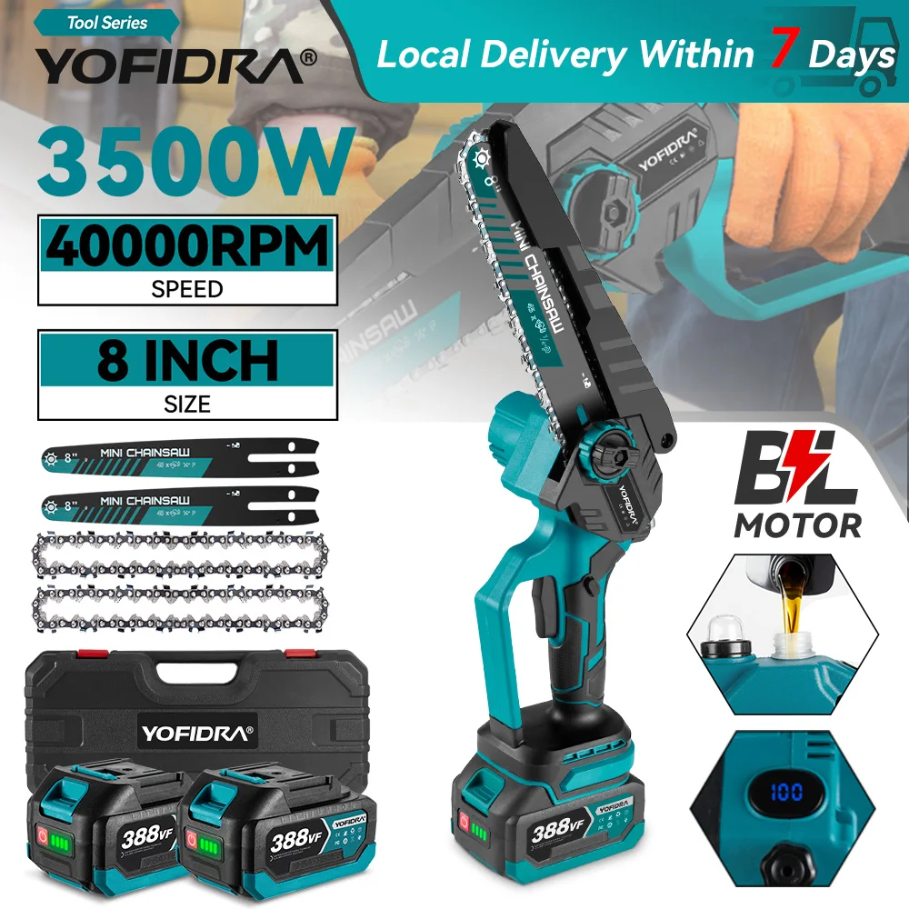 YOFIDRA 3500W 8 pouces tronçonneuse électrique sans brosse sans fil outil électrique de taille de jardin pour Makita 18V batterie broche