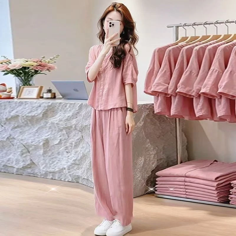 Fashionable Casual V-Neck Shirt And Wide Leg Pants Two-Piece Set for Women Breathable Polyester Blend Summer Outfit image 3
