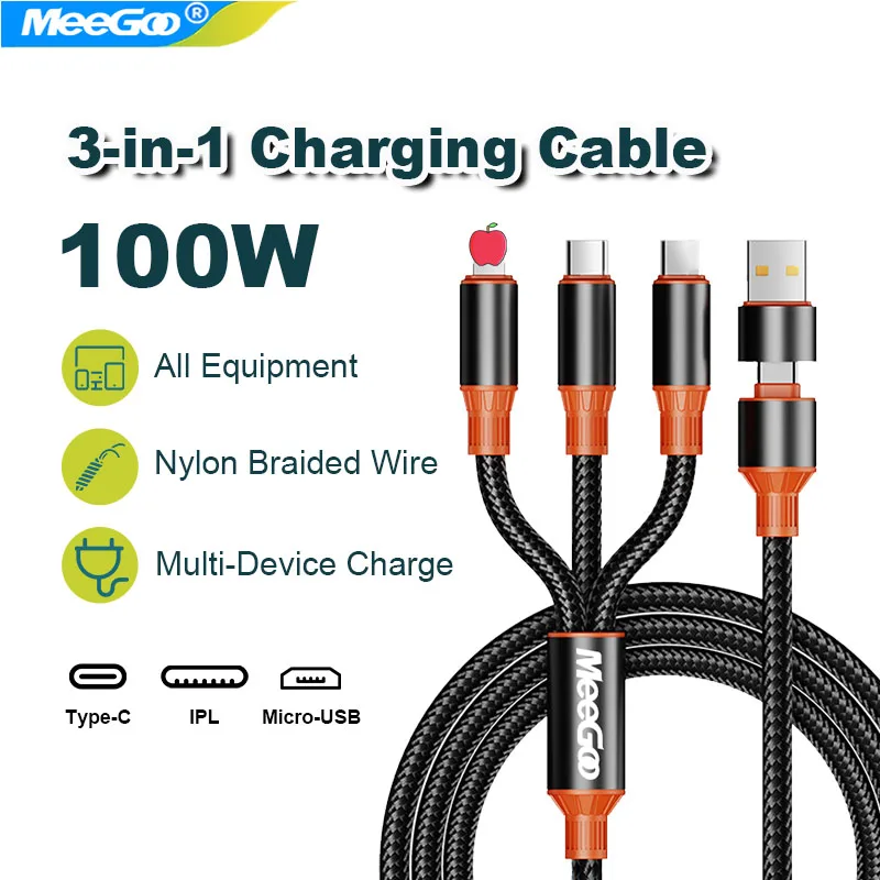 MeeGoo 3-in-1 USB Cable 5A Fast Charging iPhone 15 Samsung Huawei All Android 2026