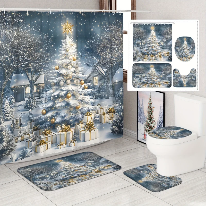 4pc Festive Christmas Tree Gifts Winter Scene Blue & White Set with Shower Curtain and Rugs - Polyester, Waterproof,