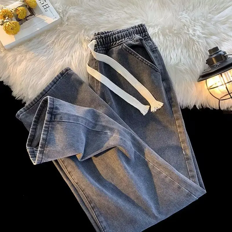 

Trendy Nine-Piece Straight Leg Jeans for High School Boys Dstring Waist Loose Fit Casual Jeans Spring Autumn ential