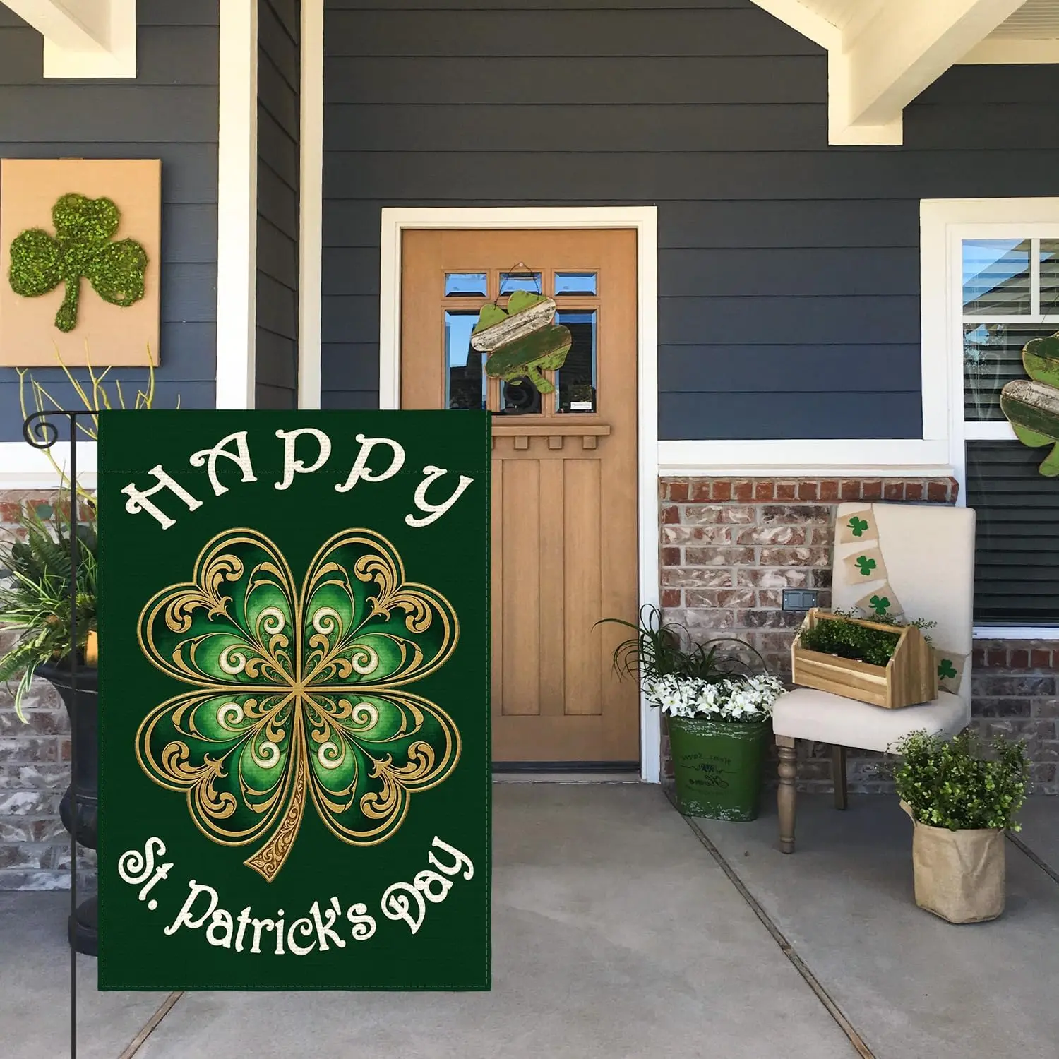 Happy St Patricks Day Garden Flag 12x18 Inch Double Sided Outside, Shamrock Lucky Clover Irish Holiday Yard