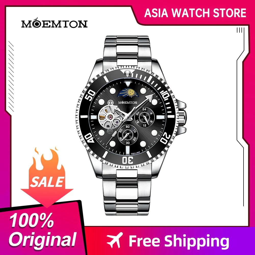 

MOEMTON Men's mechanical watch hollow dial 3bar waterproof luxury fashion watch M143.BSSA02