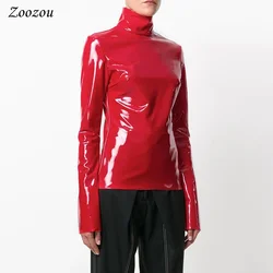 Women Shiny Faxu Leather Plus Size Turtleneck Tops Ladies Glossy Zipper PVC Pullover Black Red PU Leather 4XL 5XL 6XL Clothes