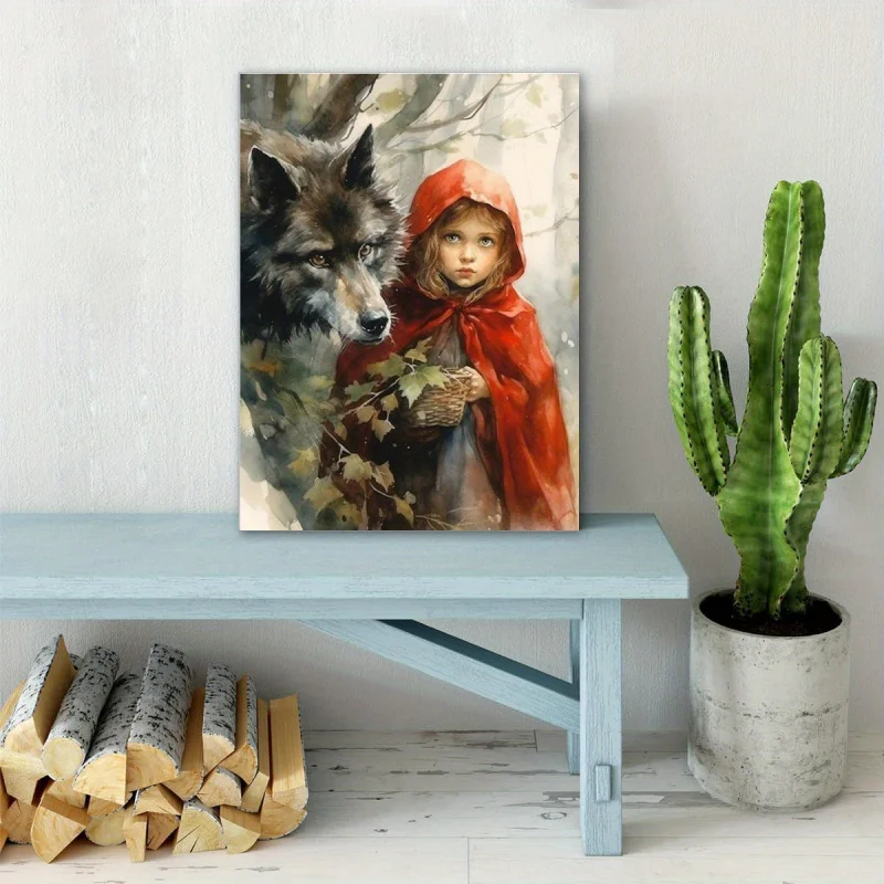 1pc Little Red Riding Hood and Wolf Canvas Art Print, Wooden Framed, Anniversary Wall Décor, 11.8x15.7 Inch, Signed Fantasy