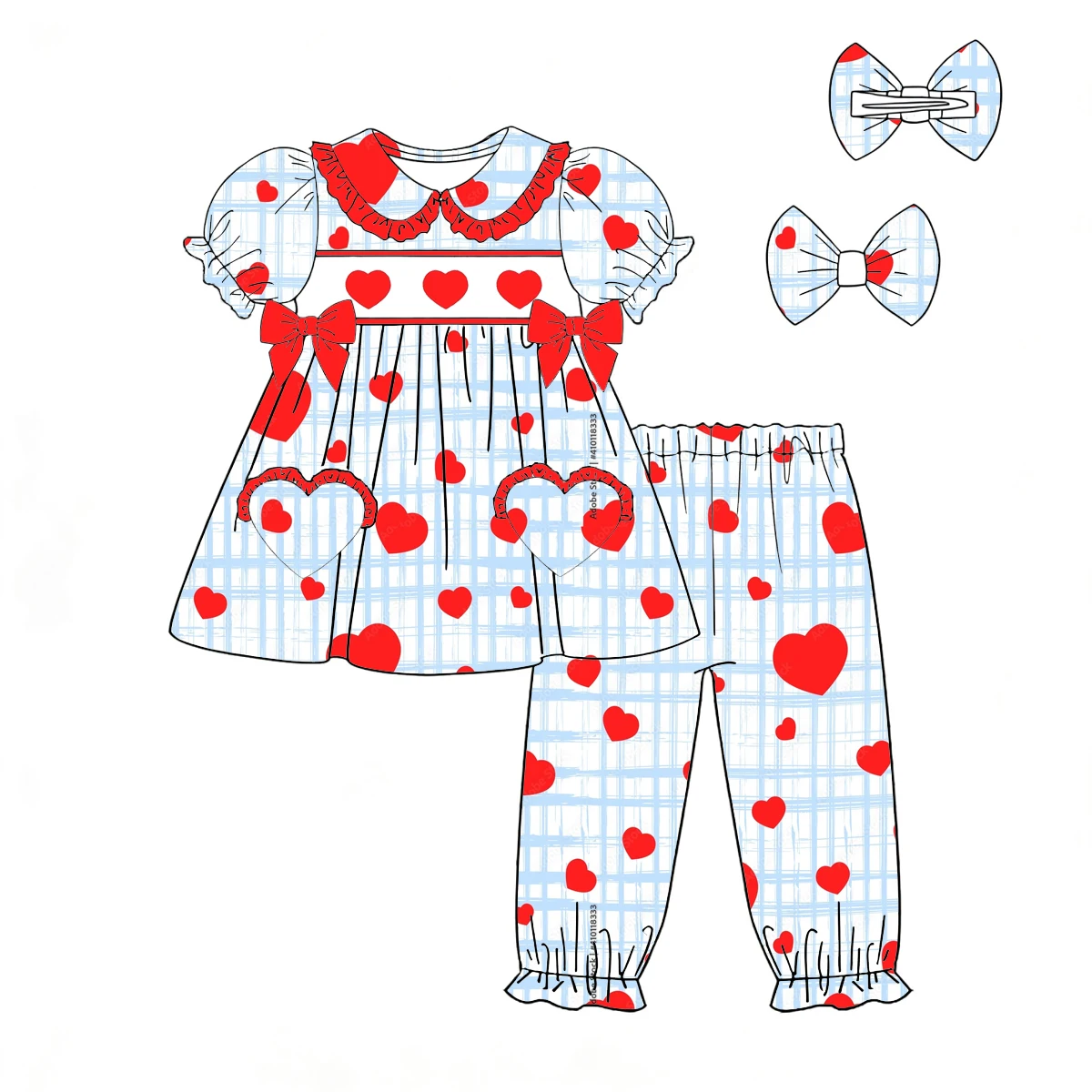 New pajama set lapel short-sleeved trousers girls boys long-sleeved set Valentine's Day love plaid print boutique children set