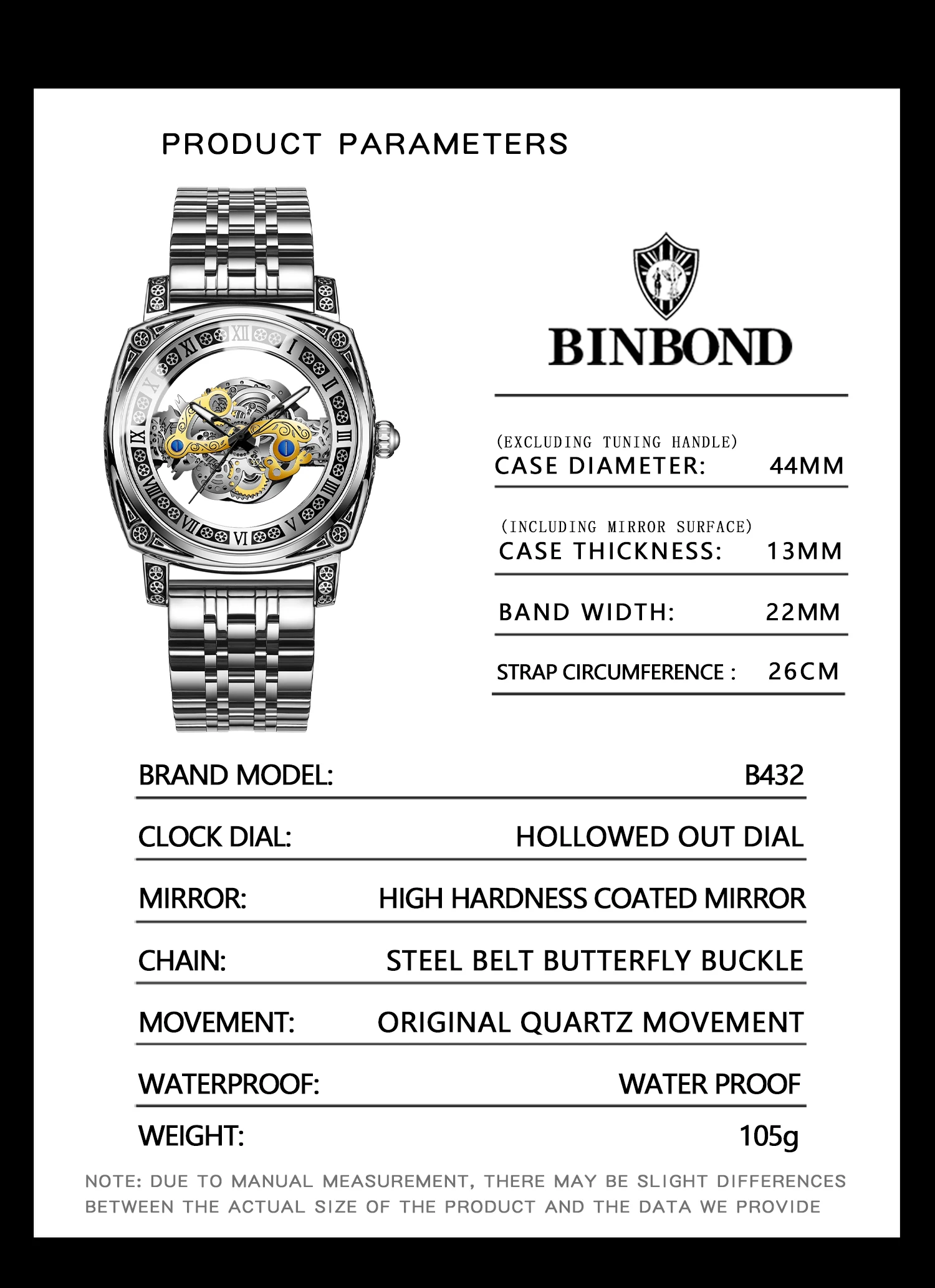 BINBOND New 432 Men's Quartz Watch Tourbillon Men's Fully Automatic Luminous Hollow Watch Fashion Non Mechanical Watch
