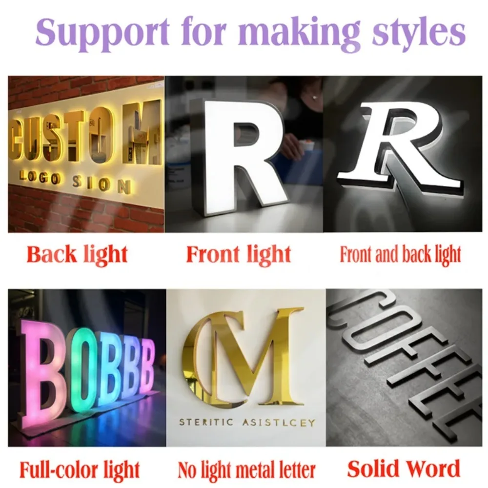 맞춤형 3D 백라이트 문자 간판, 실내외용 금속 LED 조명 회사 비즈니스 간판