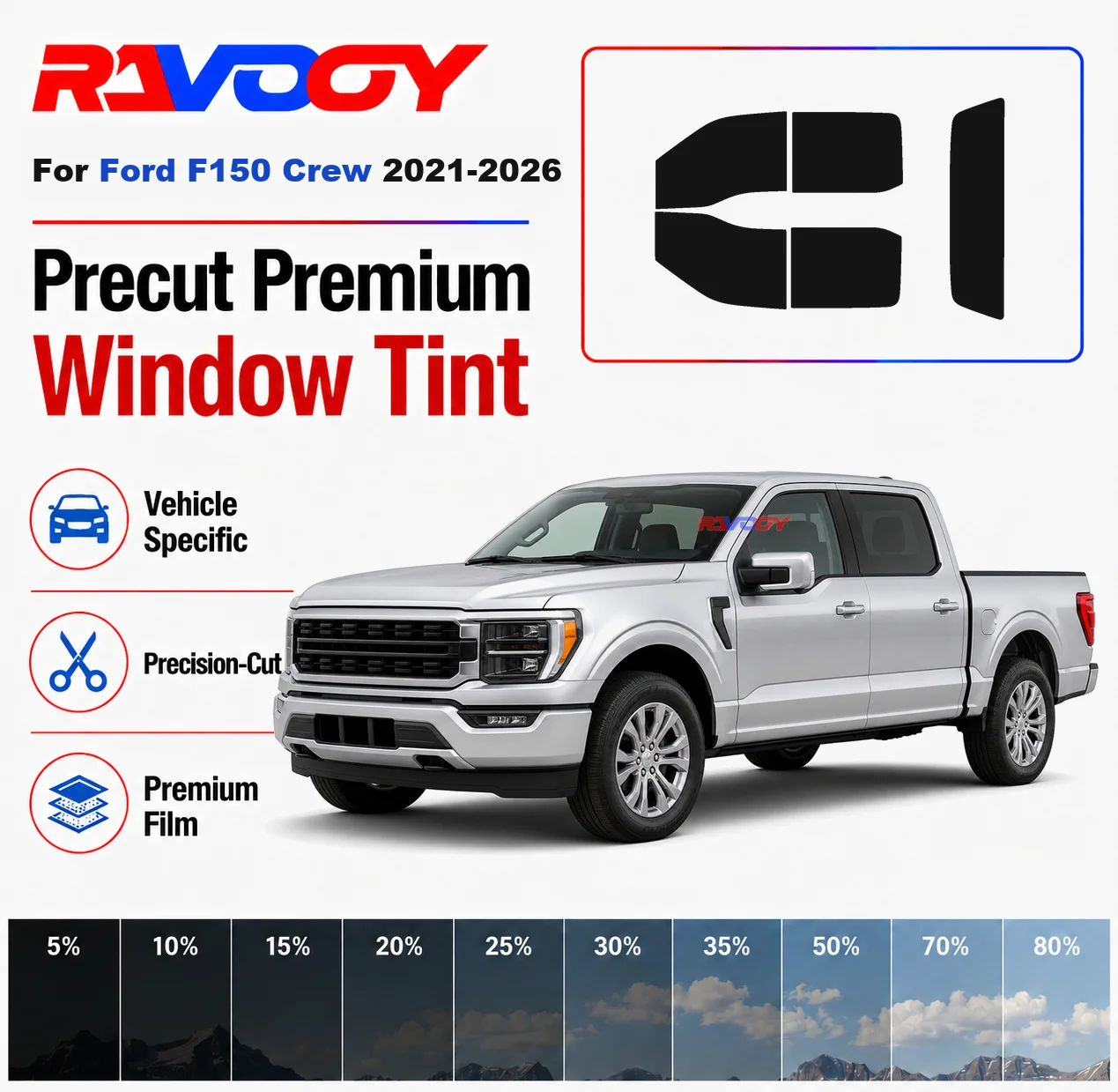 Premium Precut Window Tint Kit Front Rear Windows Rear Windshield For Ford F150 Crew 2021-2026 Complete Set Nano Ceramic Film