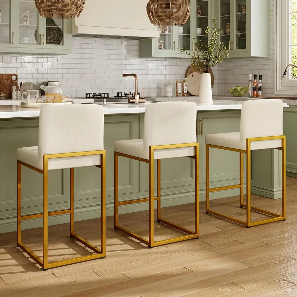 

Set of 3 White & Gold Counter Height 24 Inch Bar Stools with Back, Leather Upholstered Chairs for Kitchen Island & Home Bar, Sup