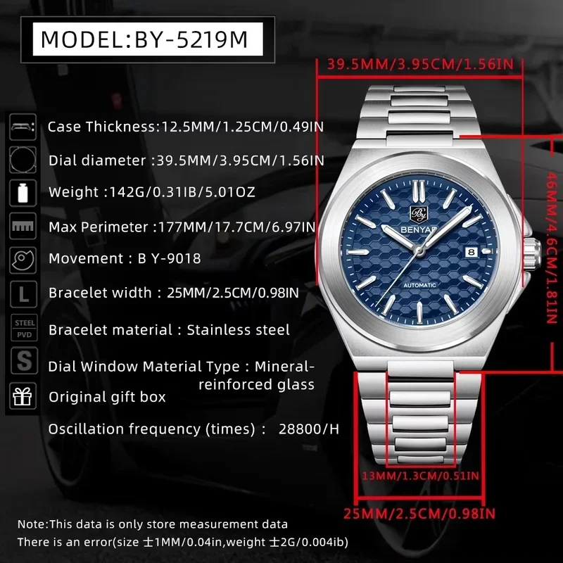 BENYAR Classic Business Sports Watch Mechanical Automatic Stainless Steel Strap Alloy Case Waterproof Luminous Watches