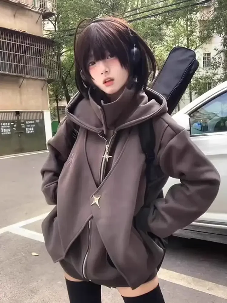 

Subculture Harajuku Vintage Coats with Hooded Women Loose Zipper Sweatshirts Casual Streetwear Grunge Jacket Y2k Stand Neck