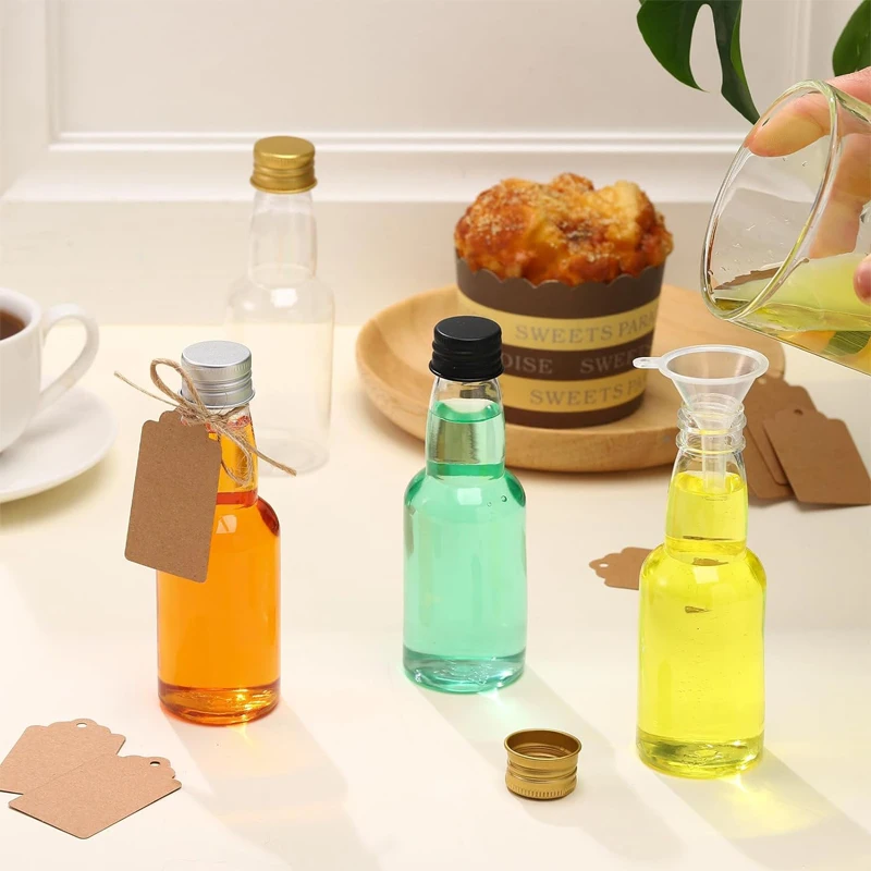 50 szt. Przenośne, wielokrotnego użytku mini butelki plastikowe 30-150 ml na alkohol, sok, próbki napojów, pojemniki na przyprawy, wino, napoje, olej.