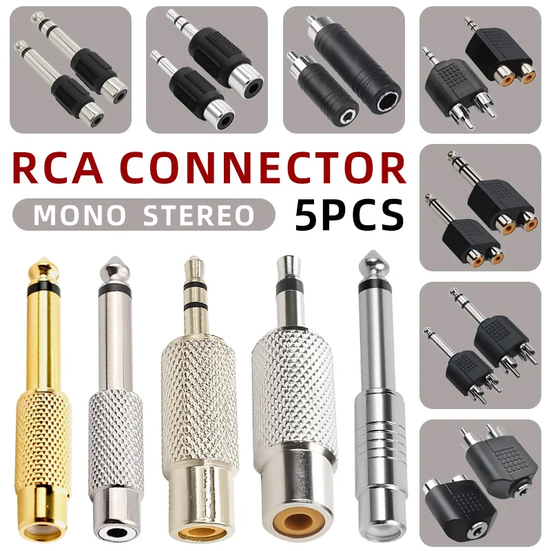 

5 шт. двойной разъем RCA «папа/гнездо» на разъем 3,5 мм 6,5 мм, конвертер динамика, моно аудиоразъем, адаптер