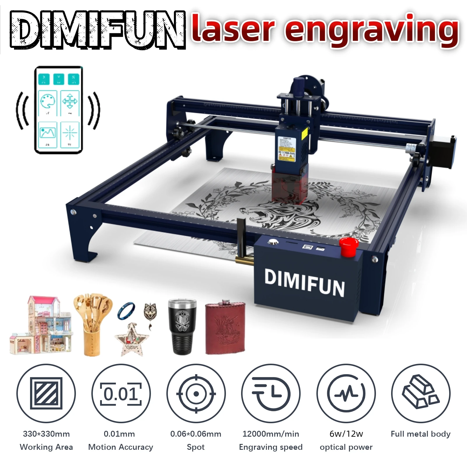 

DIMIFUN 6W/12W CNC DIY laser engraving machine features Wi-Fi control APP Suitable for anodized aluminum, stainless steel