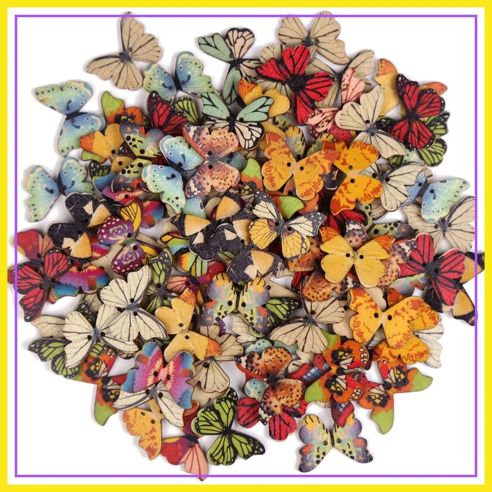 

100 PCS Butterfly Wooden Buttons, 1 Inch Colorful 2 Holes Decorative Buttons for DIY Sewing & Wood Craft Clothes Accessories
