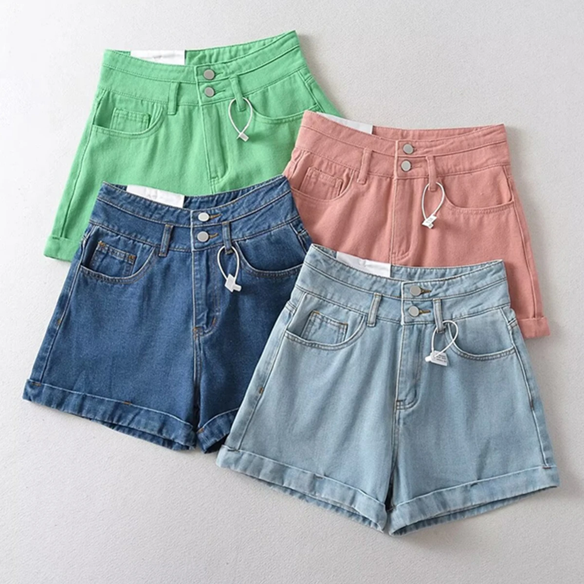 

Withered Multicolor Retro High Waisted Single Denim Shorts Breasted Bermuda Mom Shorts Women Loose Casual For Summer