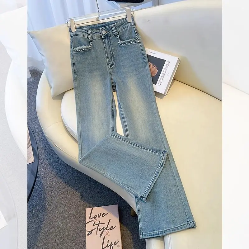 Cintura alta sino bot jeans feminino primavera 2025 novo sle elástico emagrecimento leggings cor azul queimado calças senhoras jeans