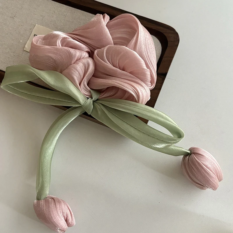 Moda słodka wstążka z tulipanem gumka do włosów dla kobiet dziewczynki śliczne eleganckie Bowknot spinka do włosów wykwintne frędzle akcesoria do włosów prezenty — zdjęcie 5