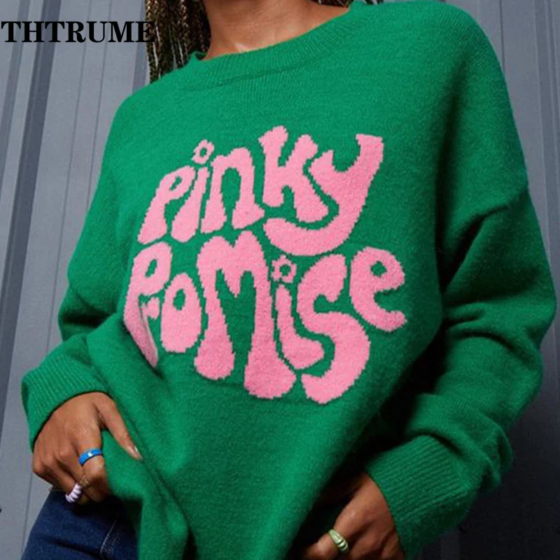 Autumn Winter Letter Print Sweaters Fashion Women Green Vintage Y2K Knit Streetwear Jumpers Tops Casual O-Neck New Pullovers