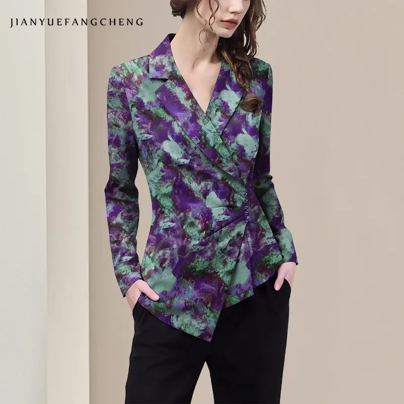 المرأة طويلة الأكمام التلبيب الياقة الأرجواني التعادل مصبوغ بلوزة الساتان نمط خمر غير المتكافئة زر أسفل قمصان الخريف بلايز