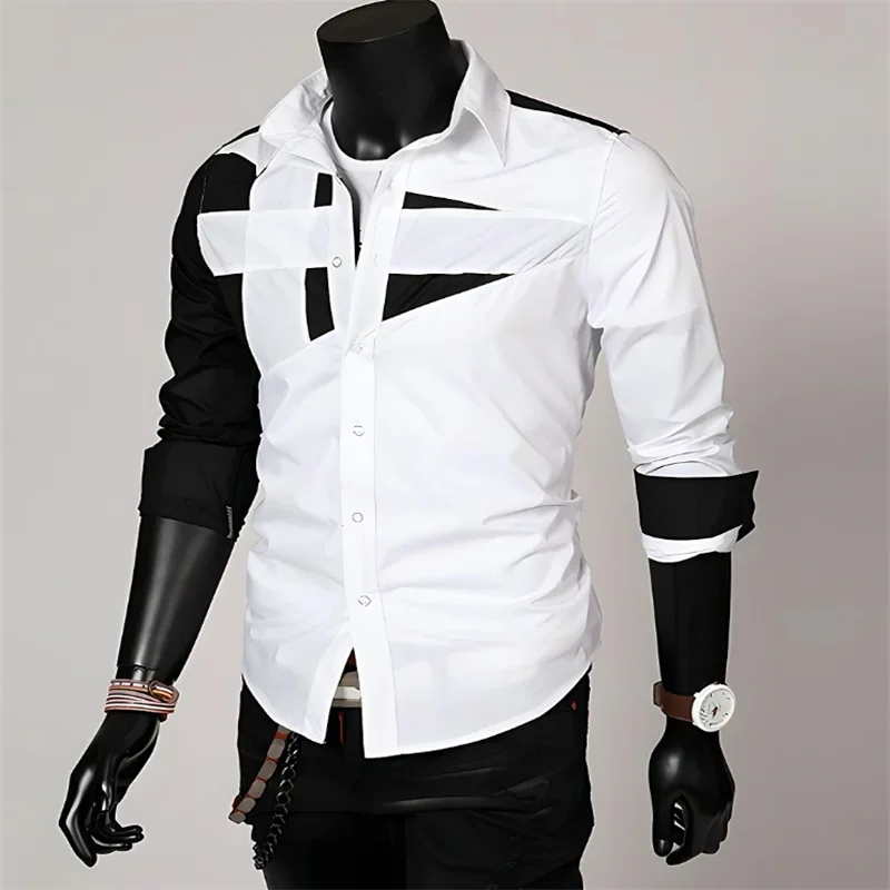 Fashionable men\'s luxury high-quality casual office formal T-shirt shirt splicing black and white colors with popular style tops