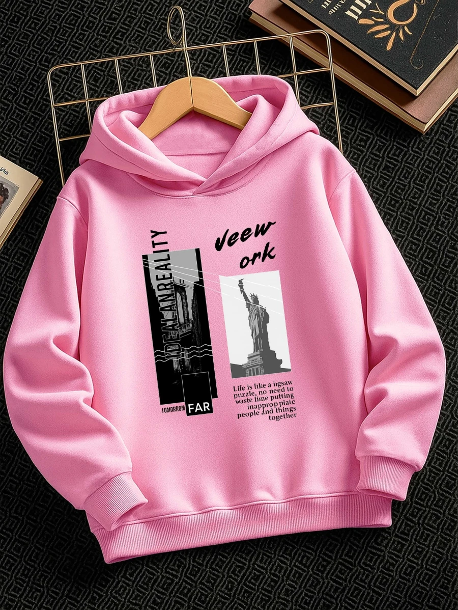 Kids Boys Girls Statue of Liberty Graphic Hoodie Grey Printed City Sweatshirt School Clothes Birthday Present Autumn Winter