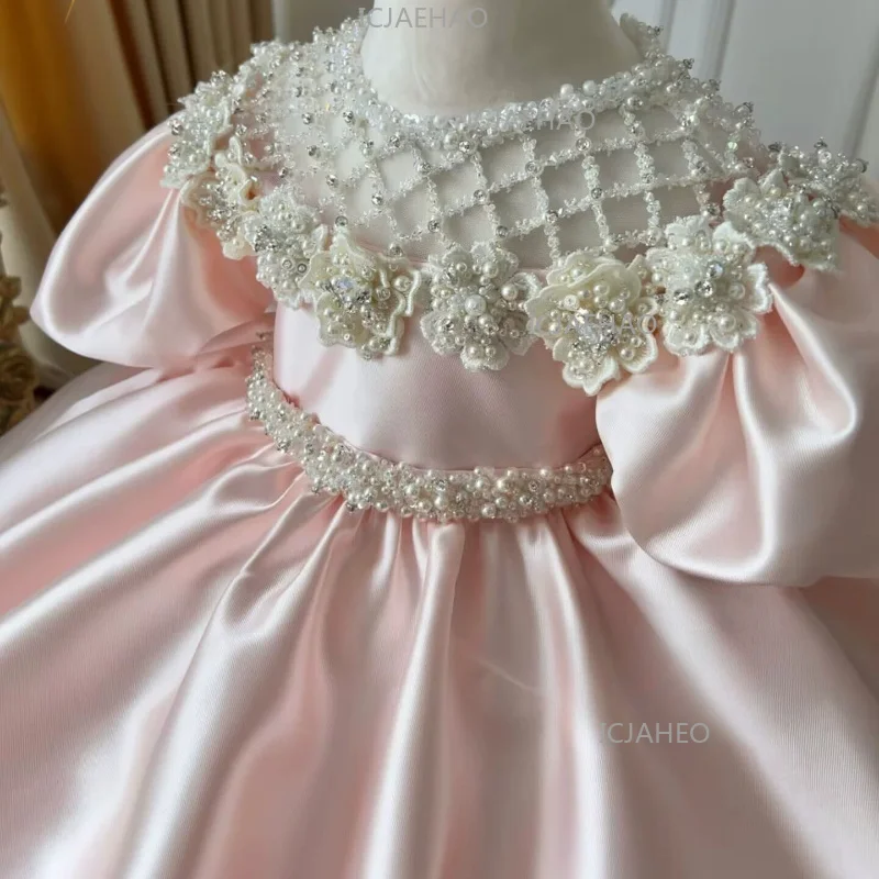 Children Pink Puff Sleeve Gown Birthday Party Banquet Elegant Gown Satin Long Full Skirt Beaded Sweep Train Girls Princess view 6
