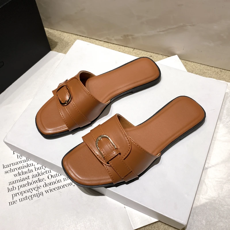 leather buckle women slides flat casual summer outside sandals