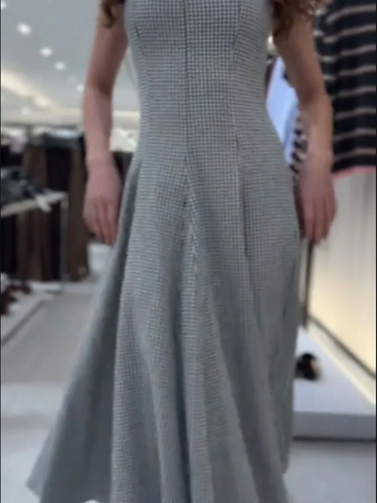 

HH Women Summer New Fashion Square Neck Sexy Backless Slim Sleeveless Plaid Midi Dress Female Temperament Side Zipper Long Dress