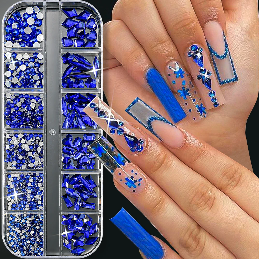12Grids 3D Luxuries Sapphire Ice Blue Nail Rhinestones Round/Heart/Square/Rhombus FlatBack Nail Rhinestones Jewels Nail Supplies