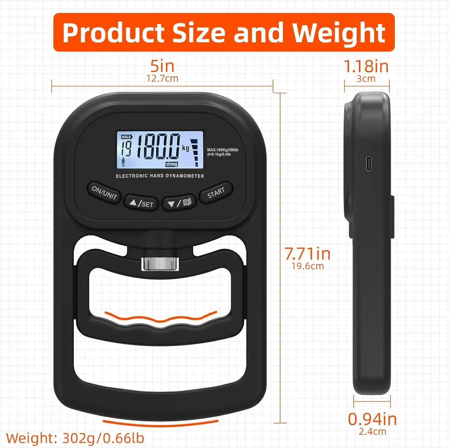 Digital Grip Strength Tester 265Lbs/120Kg LCD Precision Grip Meter USB Hand Exerciser per l\'esercizio di allenamento della forza della mano