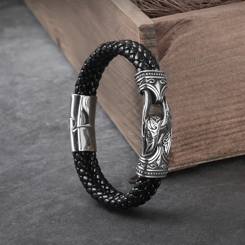 Never Fade Rock Viking Charm Letter Bracelet Men\'s Stainless Steel Mesh Chain Punk Bracelets Biker Jewelry