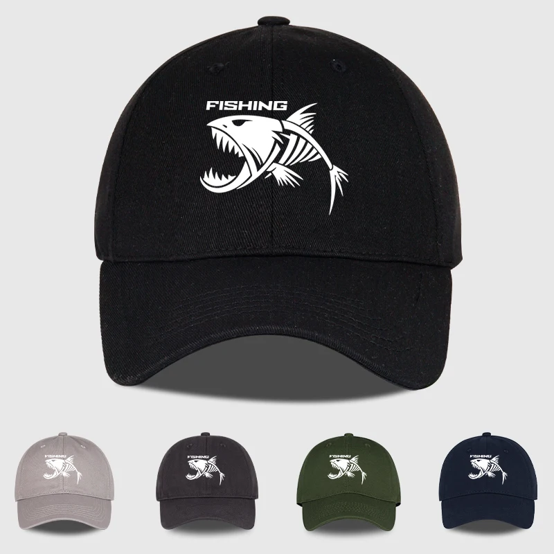 Outdoor Fishing Skeleton Fish Printed Baseball Cap Adjustable Sunshade Casual Daily Wear Breathable Hat For Men Anglers