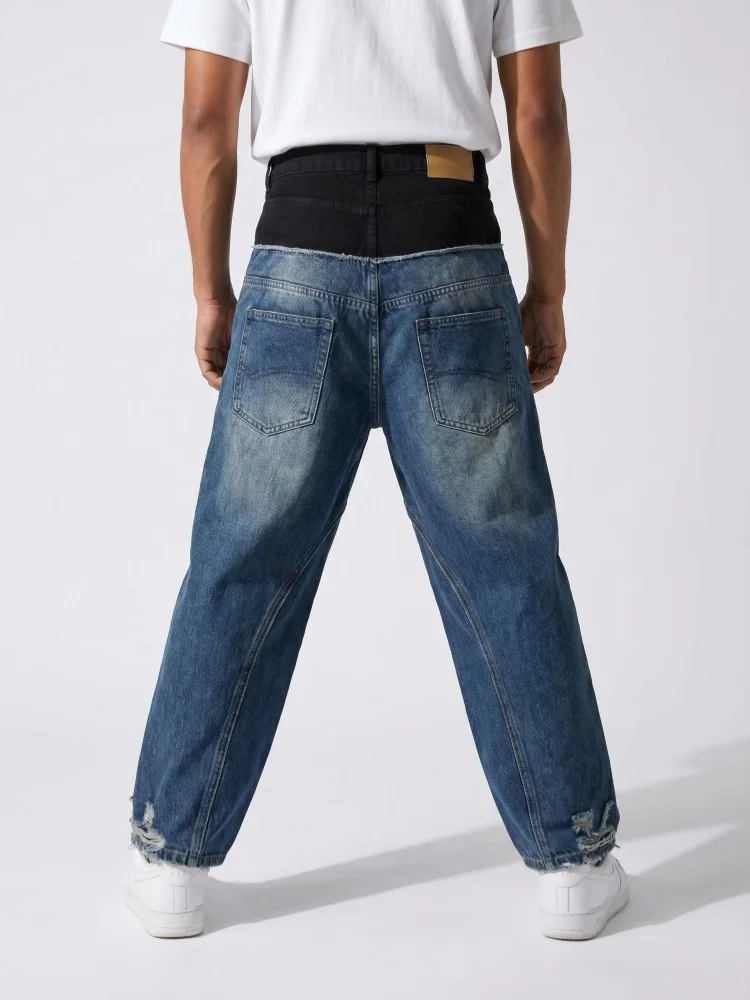 2026 American Retro Y2K Style Washed Blue Baggy Patchwork Ripped Jeans Pants For Men Clothing Straight Loose Male Denim Trousers