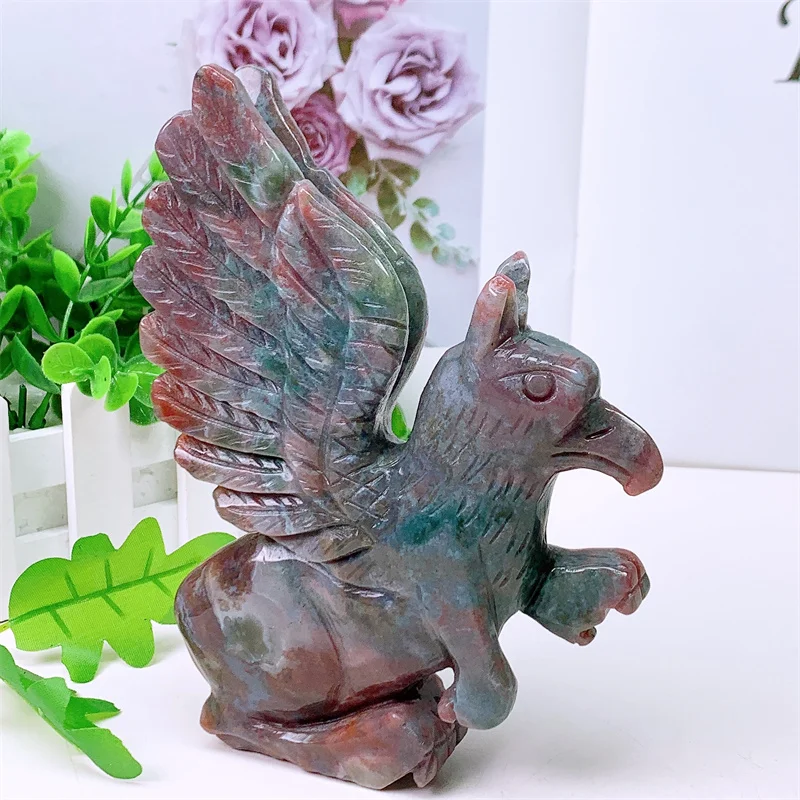 

Natural Ocean Jasper Griffon Carving Figurine Crafts, Healing Crystals, Christmas Gift, Home Decoration, 15.5cm, 1Pc