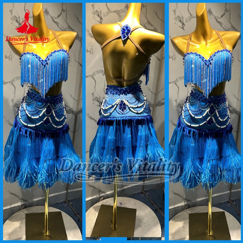 

Женский топ без рукавов с открытой спиной и кисточками из камней AB + юбки в стиле перьев, костюм из двух предметов для латинских танцев, одежда для взрослых чача на заказ