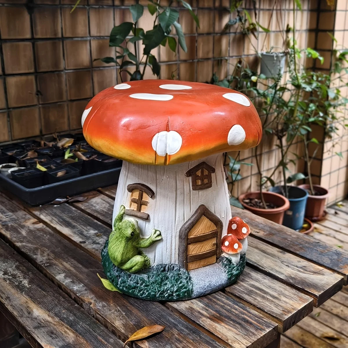 l13.4" Mushroom House Garden Stool, Oversized Resin Sculpture & Fairy Forest Base, Decorative Stool for Home, Courtyard, Lawn, Indoor & Outdoor Spring & Summer Decoration view 6