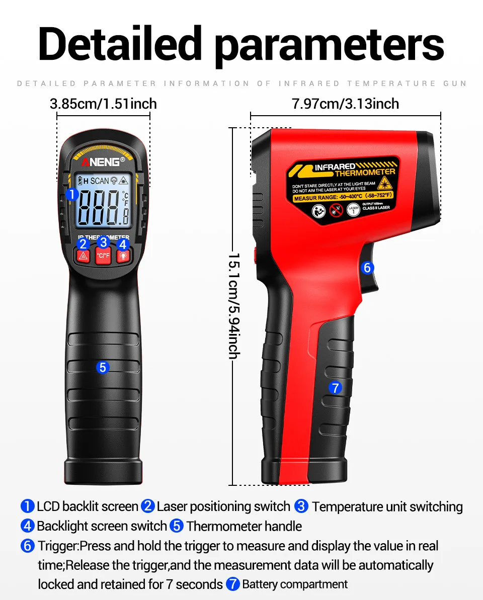 ANENG TH204 Infrarot-Thermometer Handgehaltene Temperaturmesspistole Berührungsloser Laser-Wärmetester -50-400 ° C für Industrie, Haushalt, Automobil – Detail 12