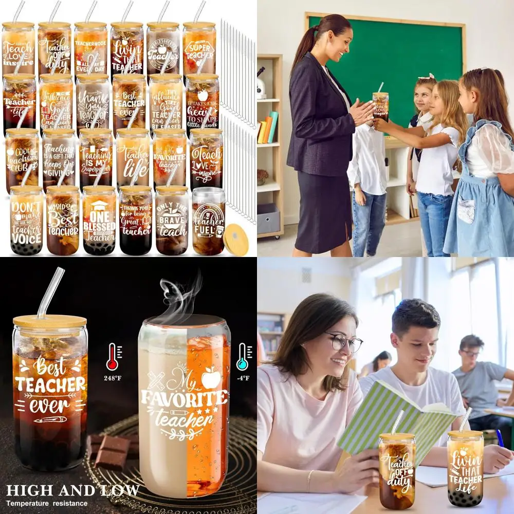 

Bulk 24-Pack Teacher Appreciation Gifts: 16 oz Glass Cups with Lids, Straws, and Cleaning Brush for Christmas and End of Year Th