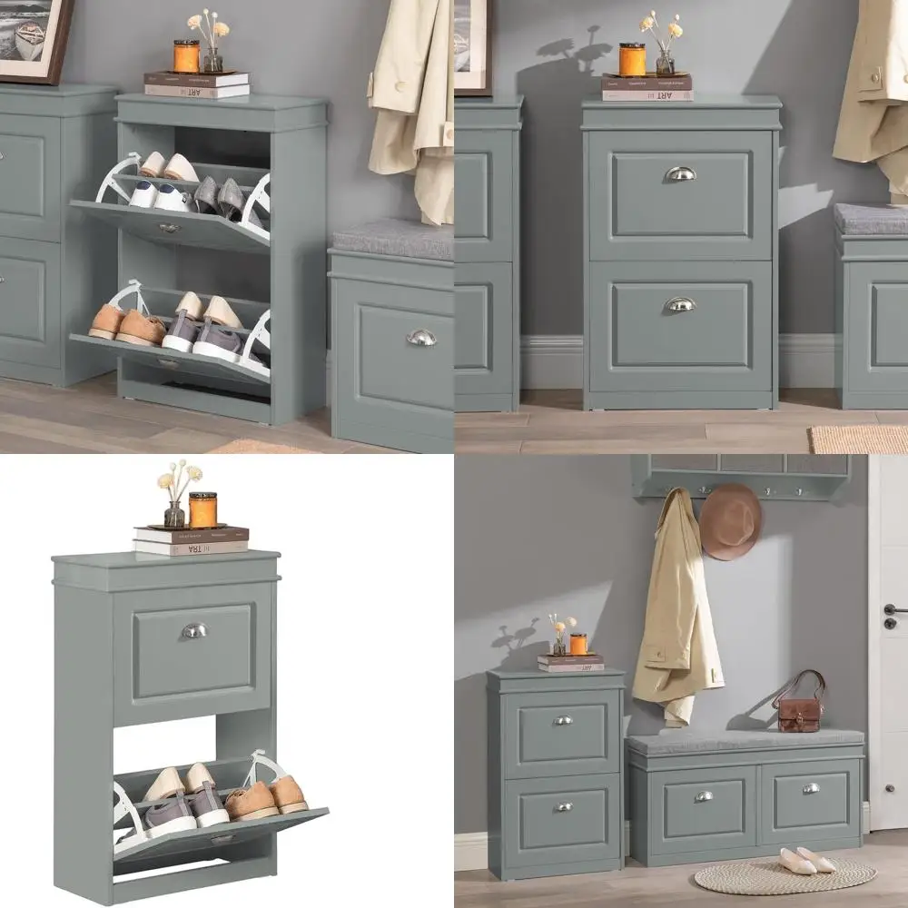 

Тонкий шкаф для обуви с 2 откидными ящиками, серый, идеально подходит для прихожей и коридора