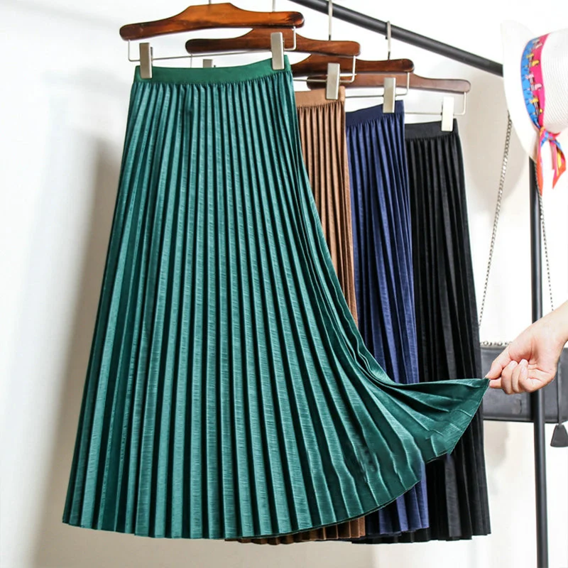 

Autumn Blend A-line Pleated Calf Length Skirts Elastic Waist Retro Solid Textured Swing Long Skirt Green Coffee