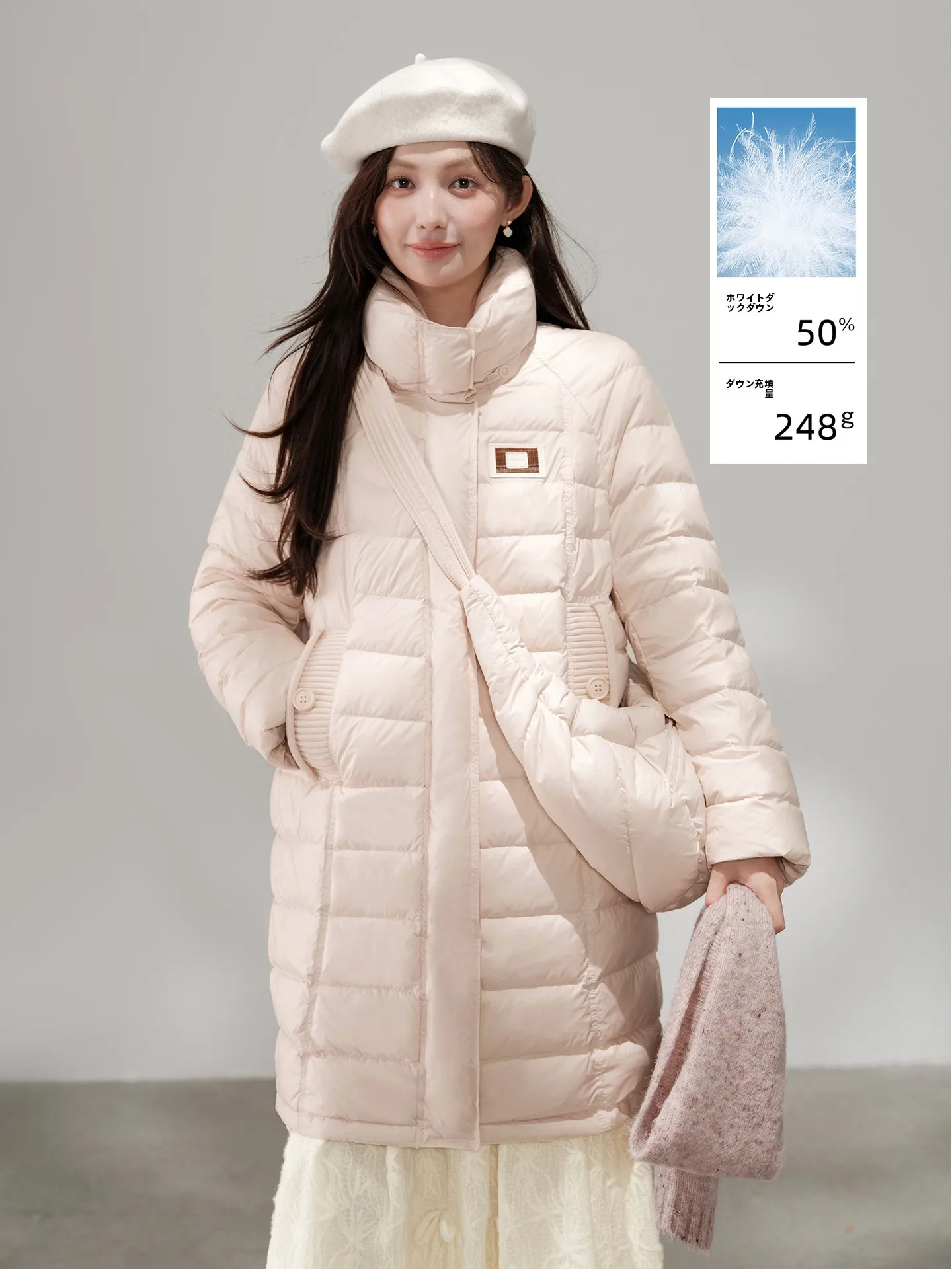

Detachable Hooded Pink down Jacket Women's Mid-Length Warm Outerwear Duck down Coat Elegant Style Polyester Fabric Zipper Clo...